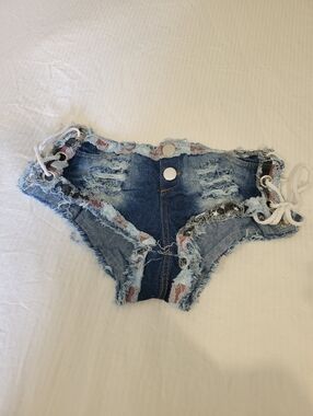 Distressed Denim Lace-Up Shortie Bikini Bottoms - Blue